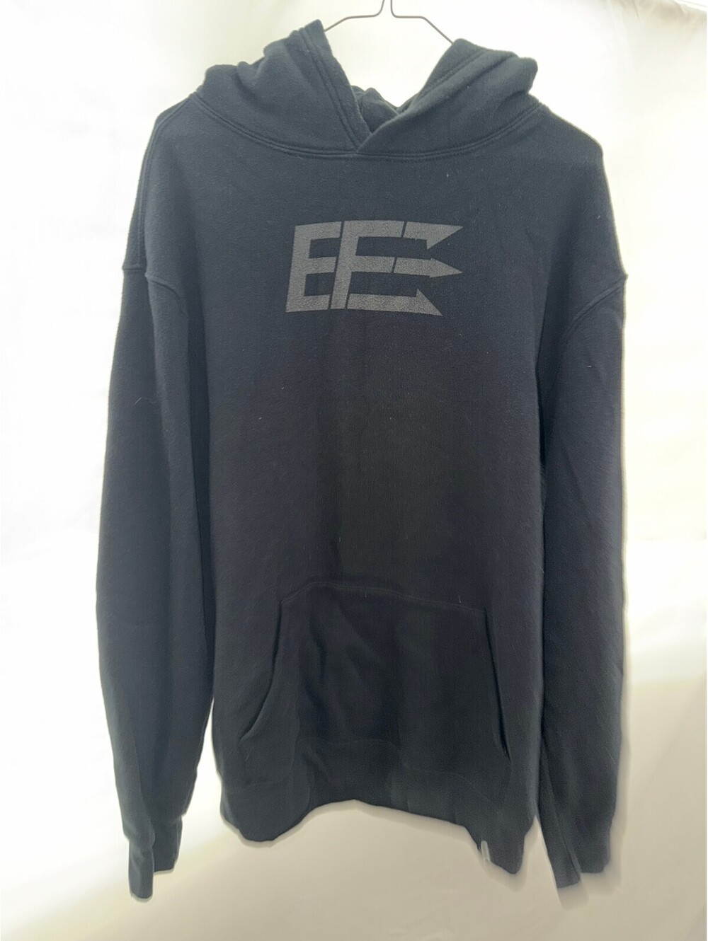 Origin Black Hooded Pullover Sweatshirt with 'EE' Logo and 'Lead. Win.' Sleeve